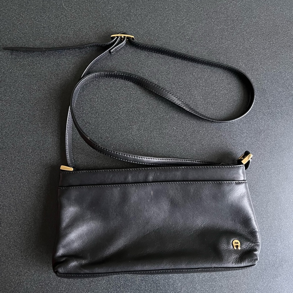 Vintage Entienne Aigner Black Leather Shoulder Bag - Double Compartment
